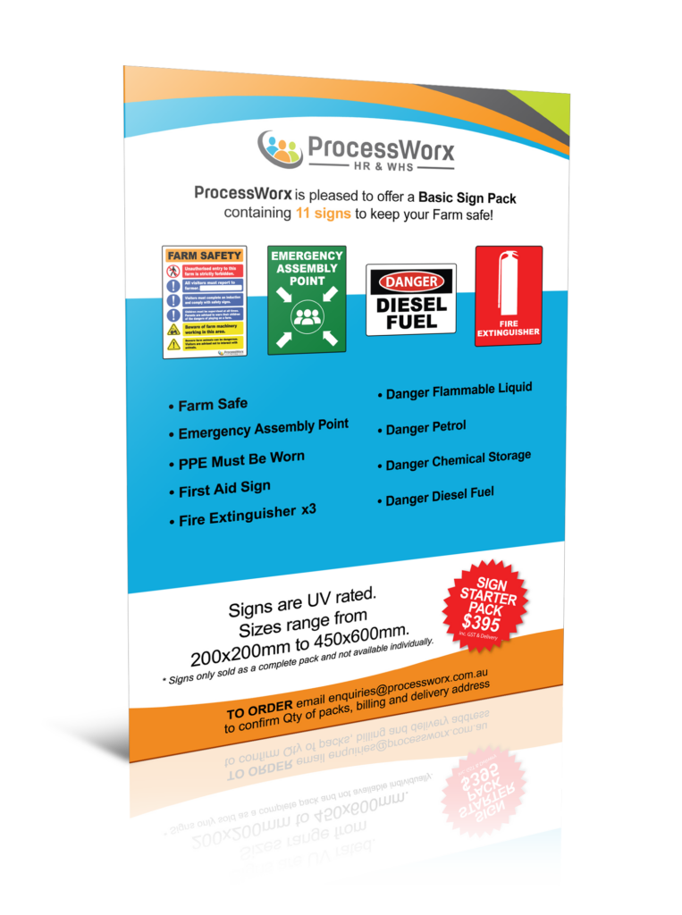 ProcessWorx Basic Sign Pack flyer with 11 safety signs for farm safety, including emergency assembly points, fuel warnings, and fire extinguishers. UV-rated signs in various sizes