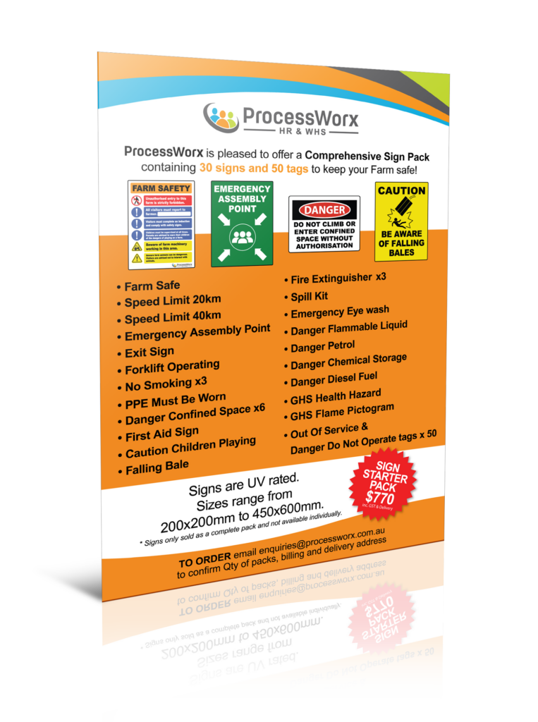 rocessWorx Comprehensive Sign Pack flyer with 30 safety signs and 50 safety tags for farm safety. UV-rated signs in various sizes
