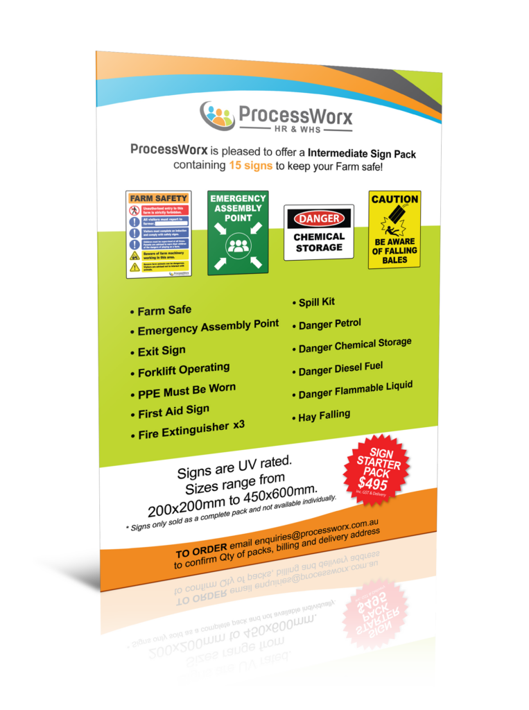 ProcessWorx Intermediate Sign Pack flyer with 15 safety signs for farm safety, including emergency assembly points, chemical storage warnings, and fire extinguishers. UV-rated signs in various sizes